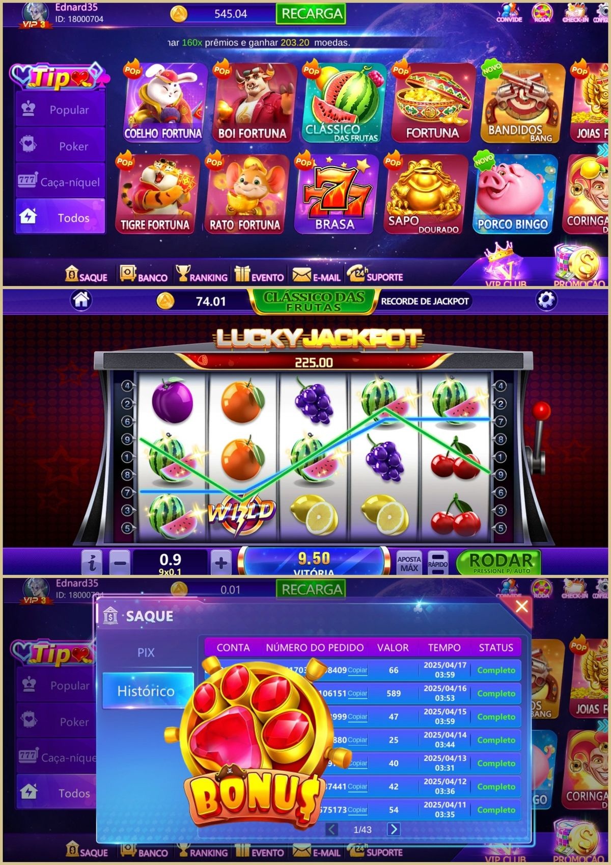 Interface de l application Instant Casino montrant les jeux et le menu de navigation